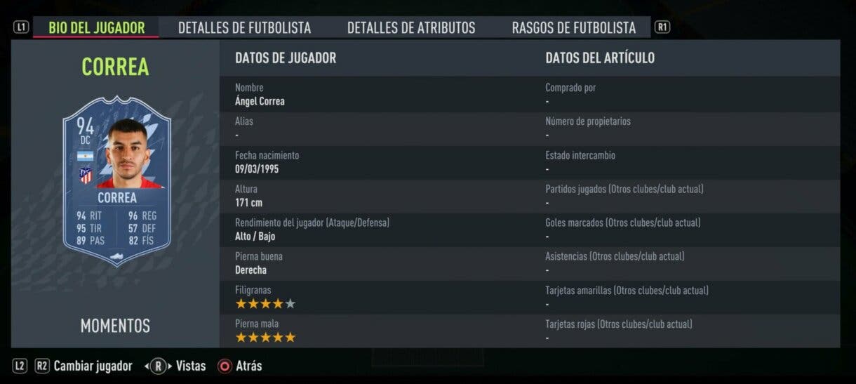 Bio del jugador Correa Moments conceptuales FIFA 22 Ultimate Team