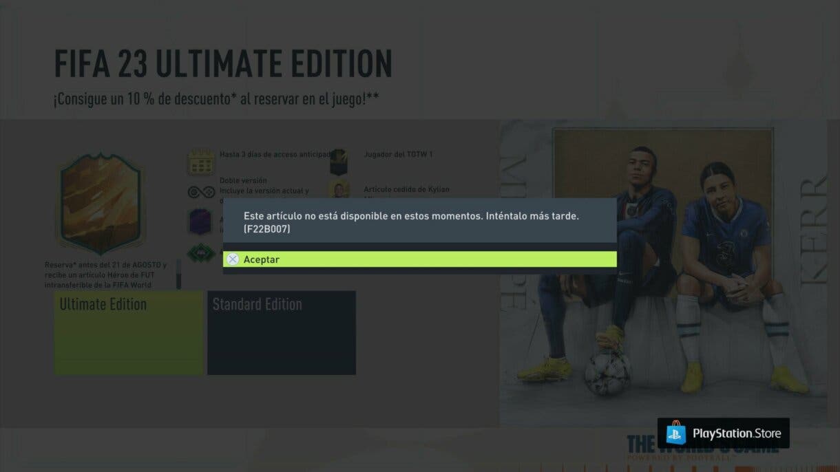 Mensaje error al intentar reservar la FIFA 23 Ultimate Edition desde la versión de FIFA 22 de PS5