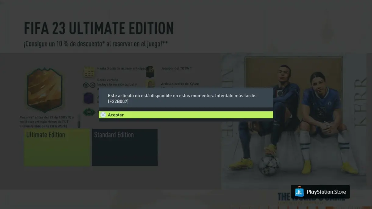 Mensaje error al intentar reservar la FIFA 23 Ultimate Edition desde la versión de FIFA 22 de PS5