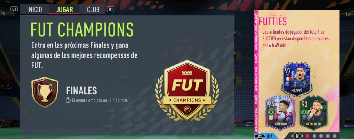 Menú general FIFA 22 Ultimate Team con la información de FUT Champions
