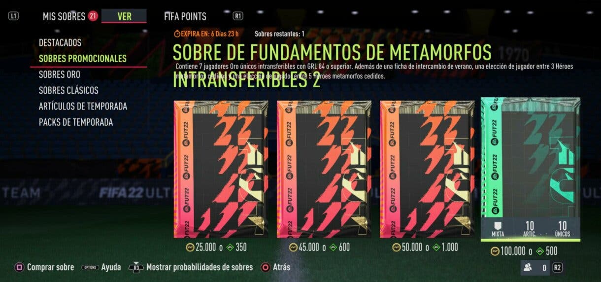 Apartado "Sobres promocionales" de la tienda de FIFA 22 Ultimate Team