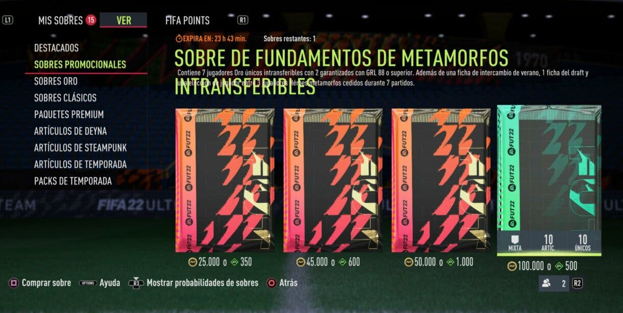 Apartado "Sobres promocionales" de la tienda de FIFA 22 Ultimate Team