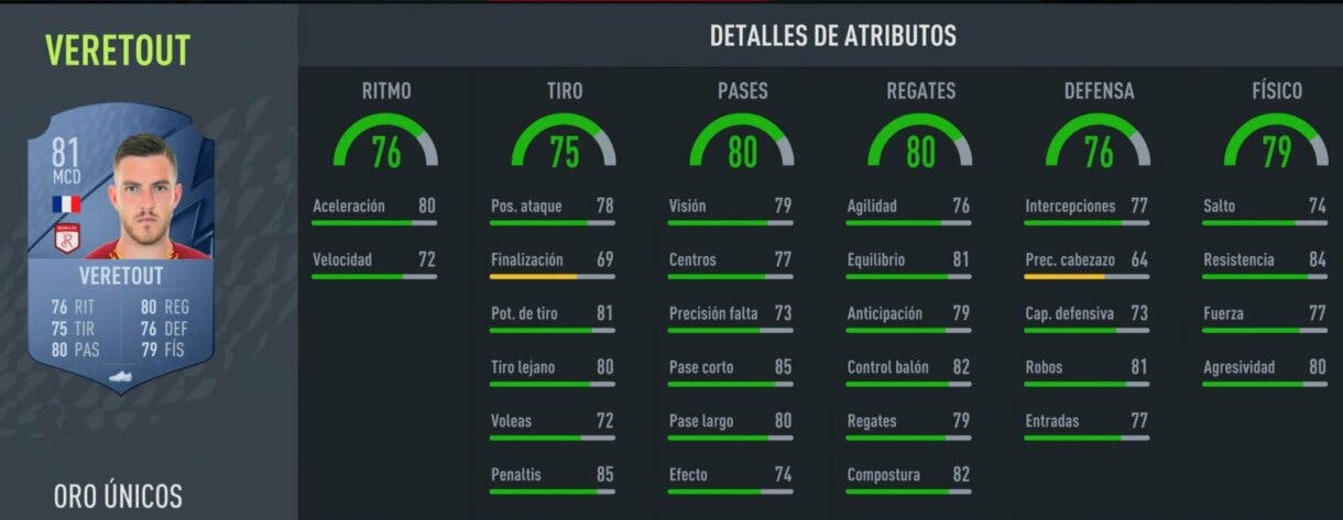 Stats in game Veretout oro FIFA 22 Ultimate Team