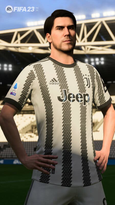 Vlahovic en FIFA 23 con la camiseta oficial de la Juventus de Turín