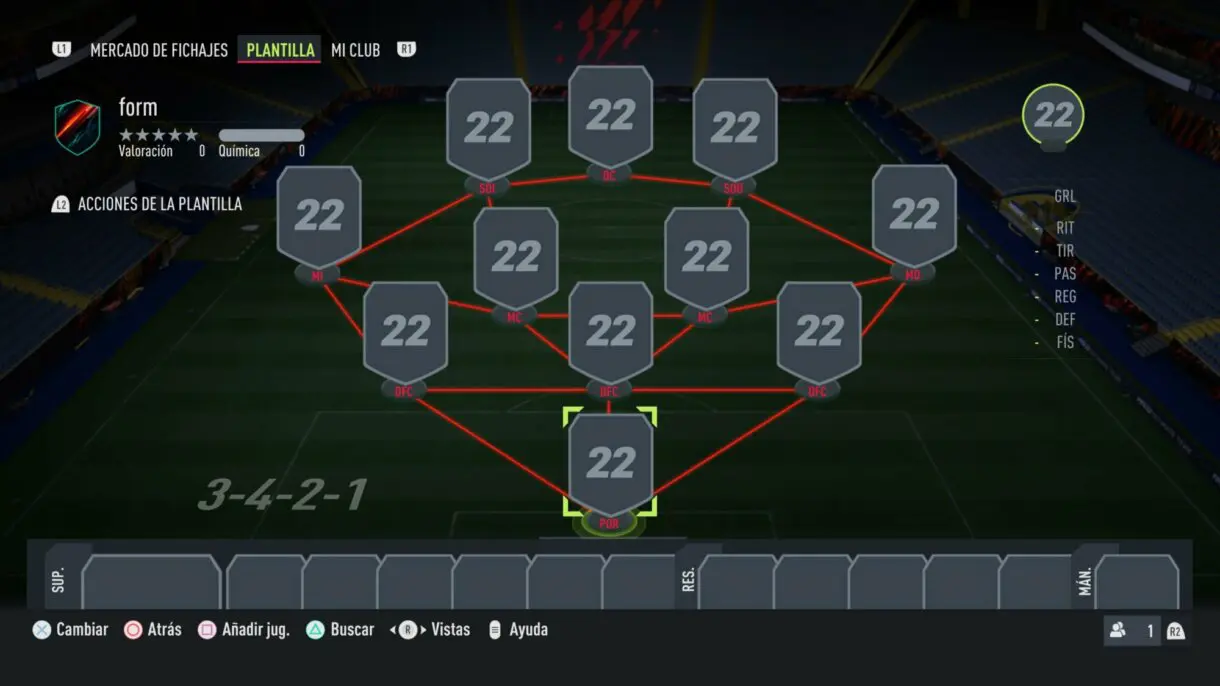 Plantilla vacía con formación 3-4-2-1 FIFA 22 Ultimate Team
