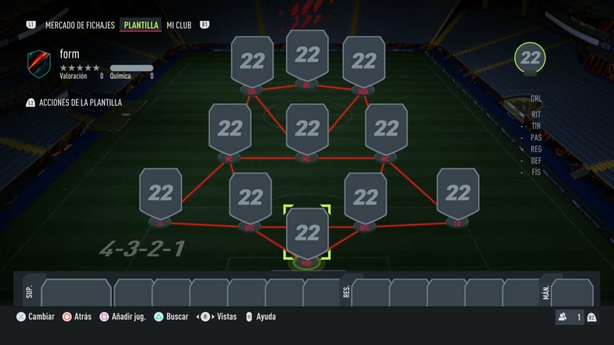 Plantilla vacía con formación 4-3-2-1 FIFA 22 Ultimate Team