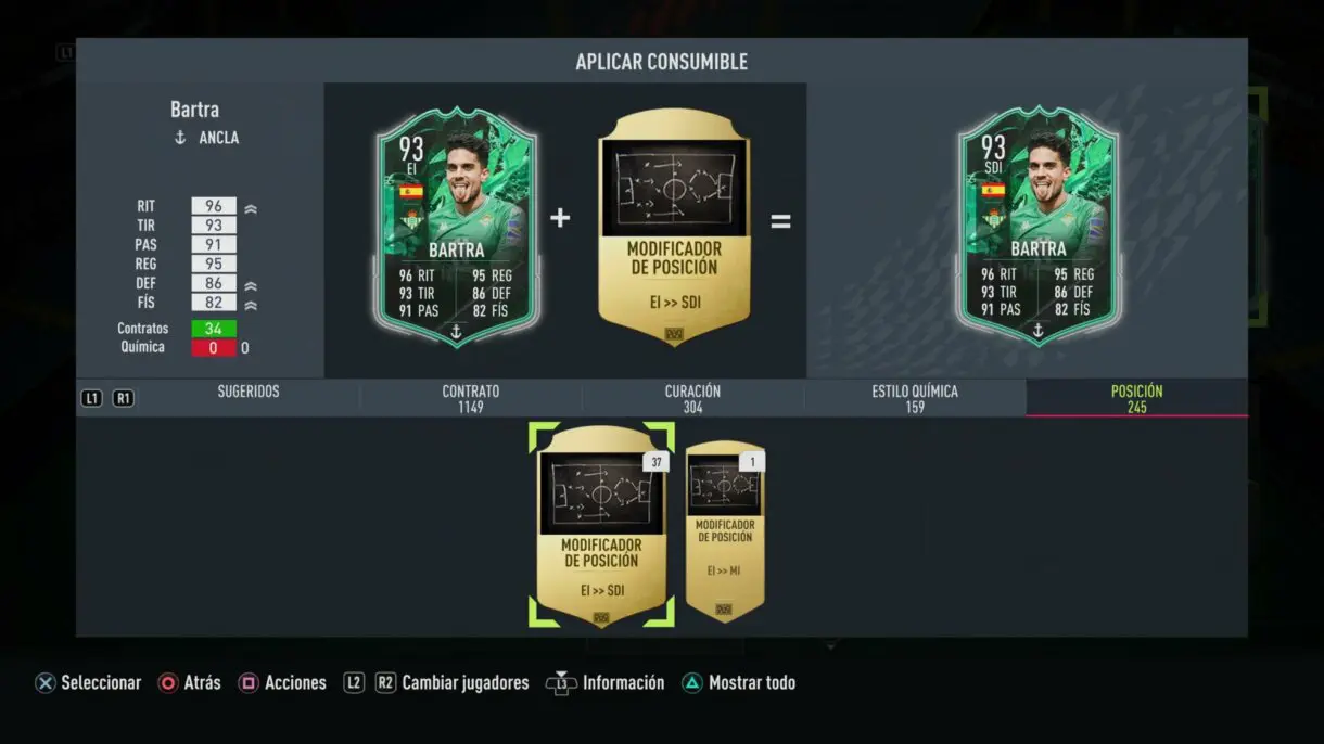 Cambio de posición Bartra Shapeshifters FIFA 22 Ultimate Team.