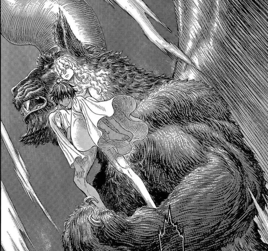 Griffith escapando con Casca y Zodd en Berserk