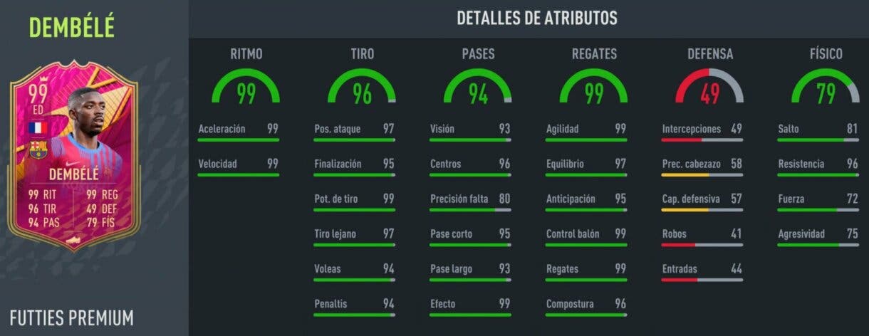 Stats in game Dembélé FUTTIES Premium FIFA 22 Ultimate Team