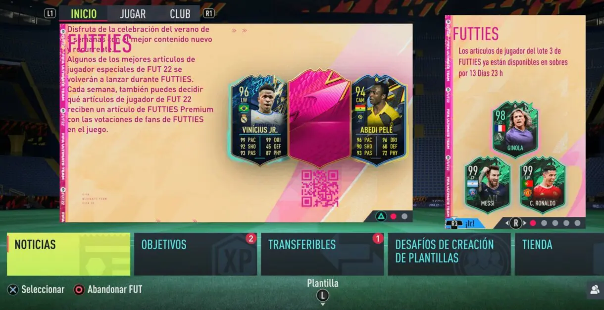 Menú general FIFA 22 Ultimate Team con información del lote 3 FUTTIES