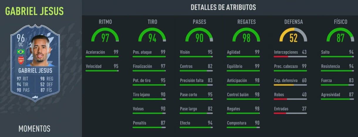 Stats in game Gabriel Jesús Moments FIFA 22 Ultimate Team