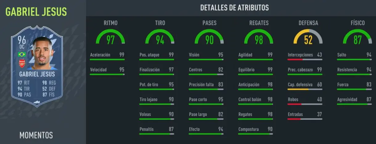 Stats in game Gabriel Jesús Moments FIFA 22 Ultimate Team