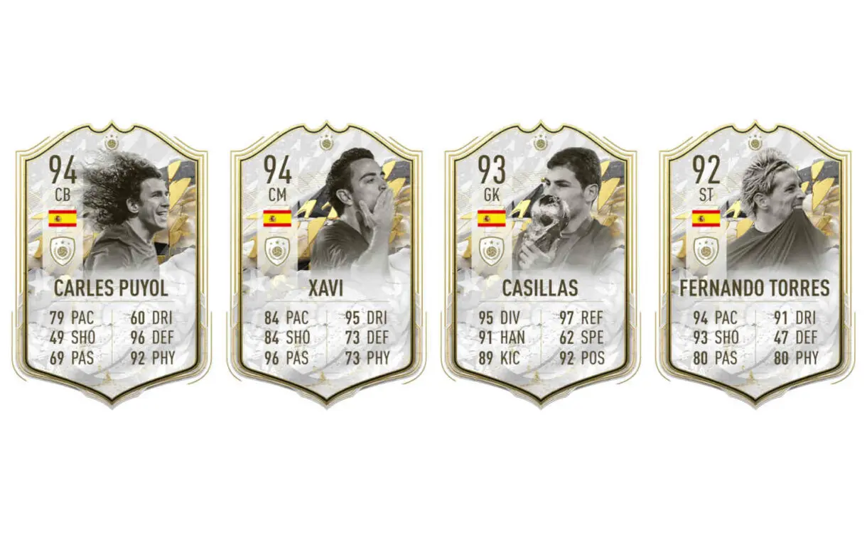 Cartas Icono Moments Puyol, Xavi, Casillas y Fernando Torres FIFA 22 Ultimate Team
