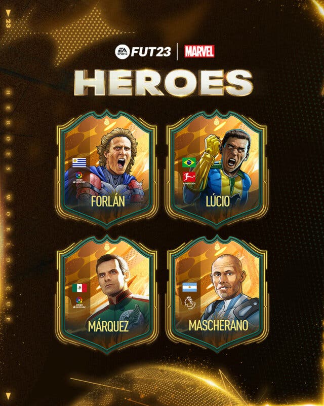 Cartas FUT Heroes FIFA World Cup Forlán, Lúcio, Márquez y Mascherano (formato pequeño) FIFA 23 Ultimate Team