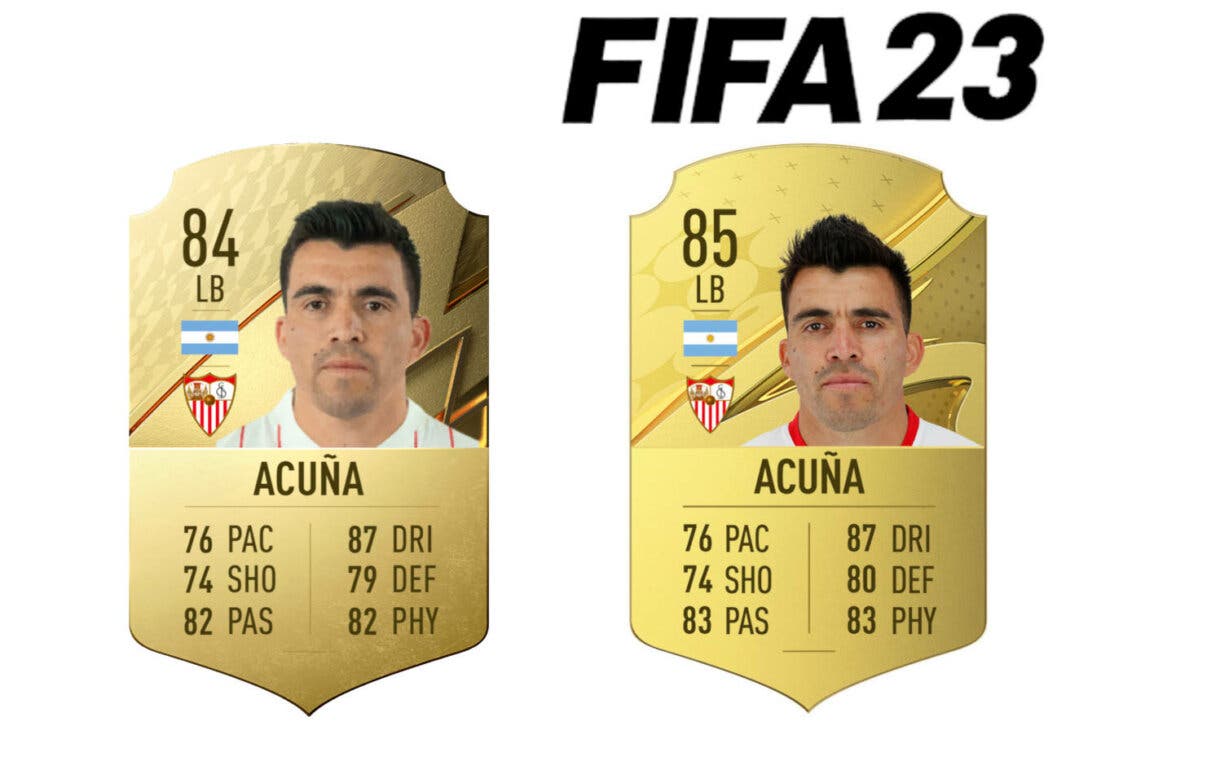 Comparativa carta oro Acuña FIFA 22 y FIFA 23 Ultimate Team