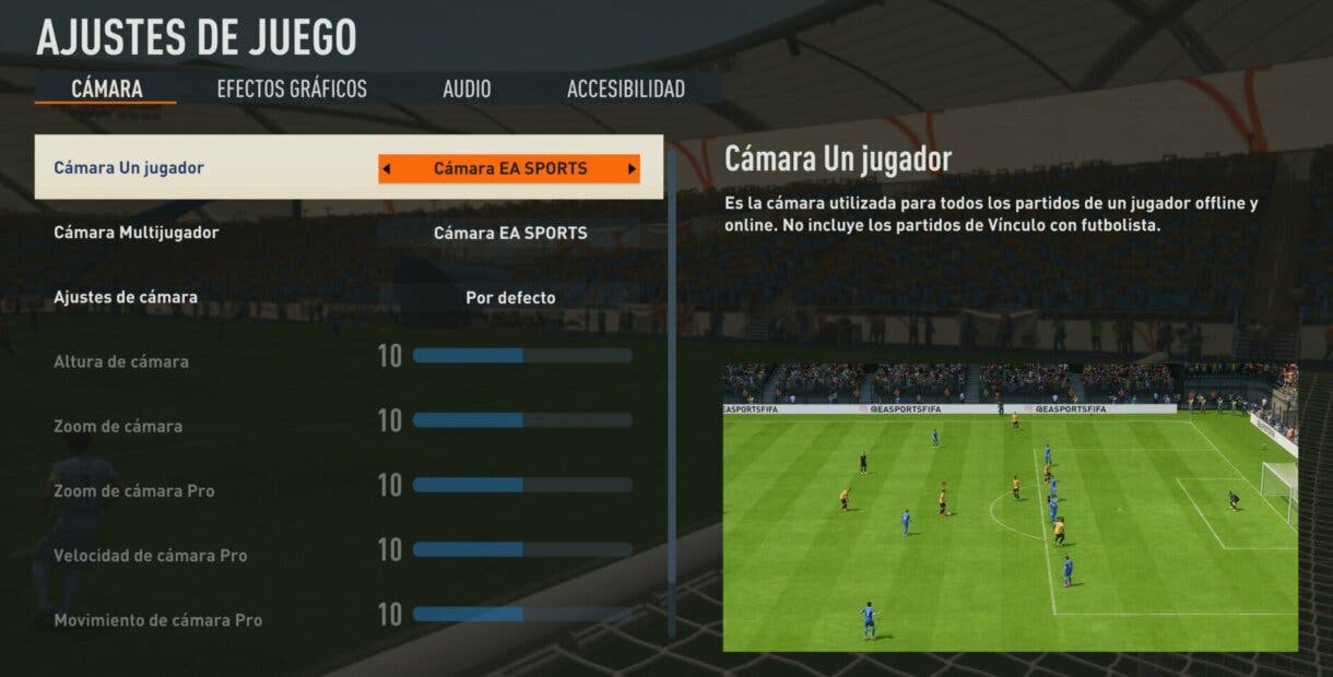 Menú ajustes de juego opción de cámara FIFA 23 Ultimate Team