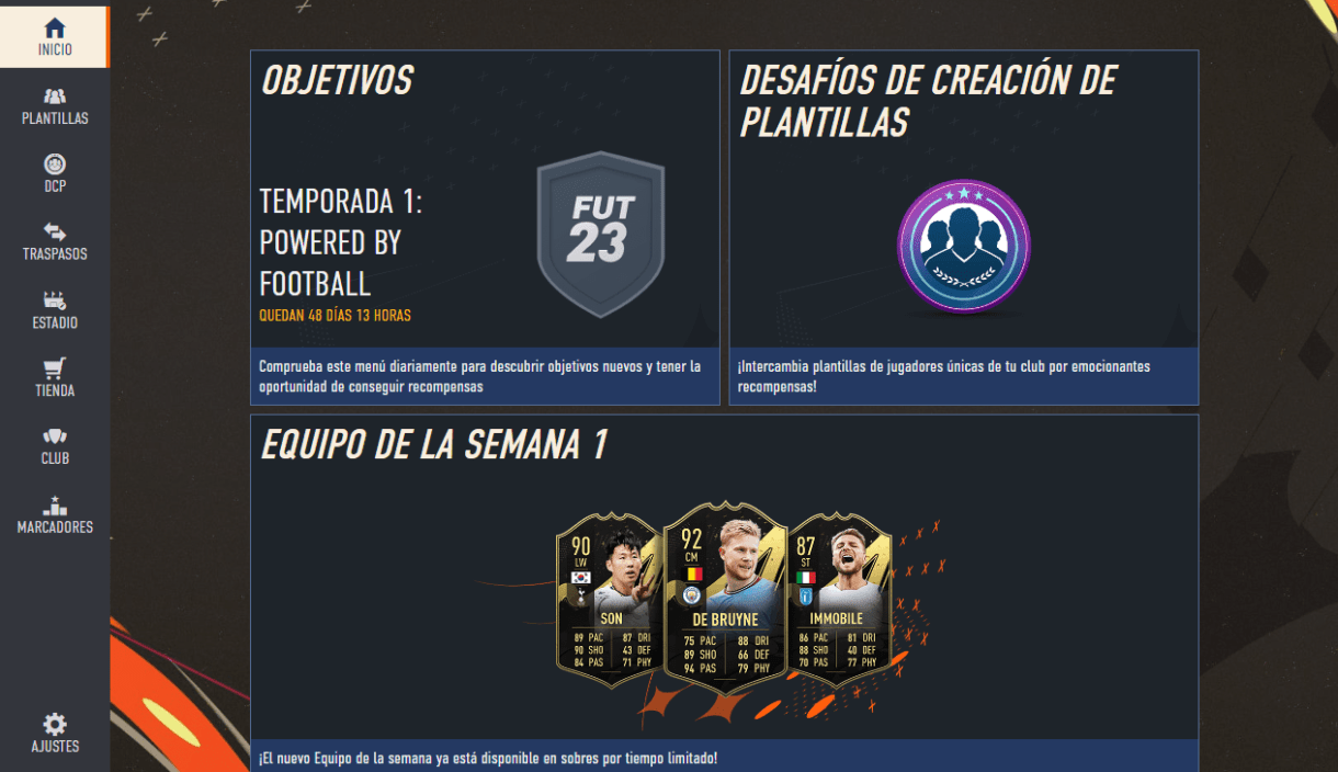 Menú general Web App FIFA 23 Ultimate Team