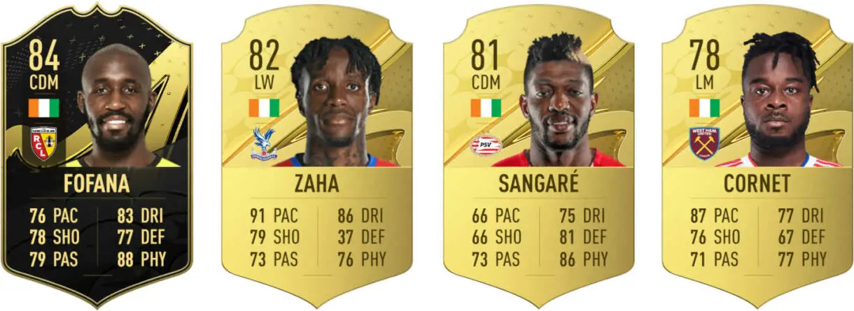 Cartas Fofana IF, Zaha, Sangaré y Cornet oro FIFA 23 Ultimate Team