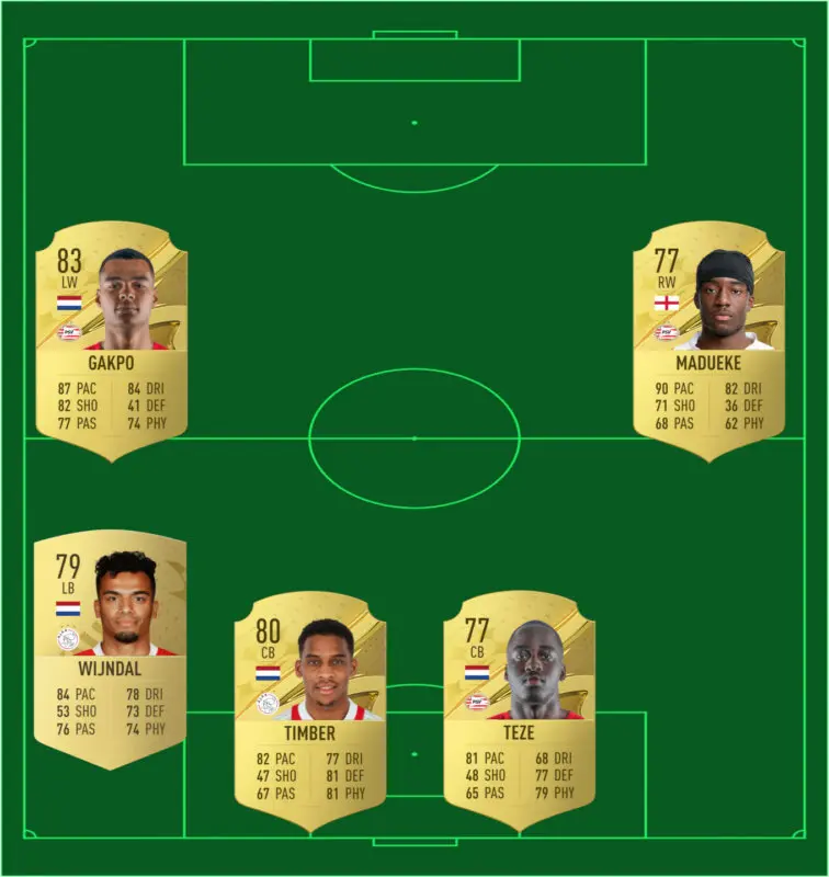 Once con las cartas oro de Gakpo, Madueke, Timber, Wijndal y Teze FIFA 23 Ultimate Team