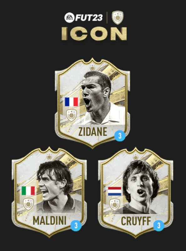 Cartas pequeñas Zidane, Maldini y Cruyff Iconos FIFA 23 Ultimate Team