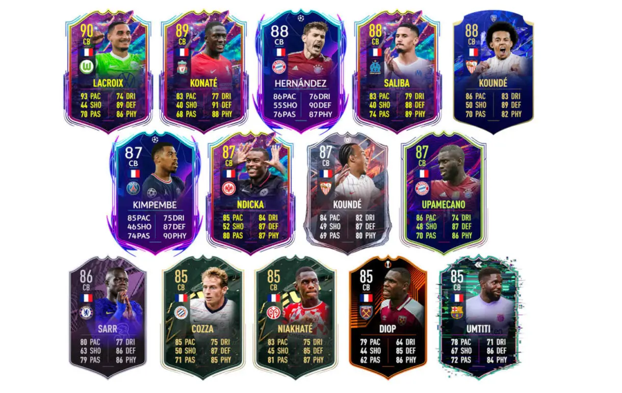 Cartas de las versiones especiales de Francia y centrales antes de los TOTS FIFA 22 Ultimate Team