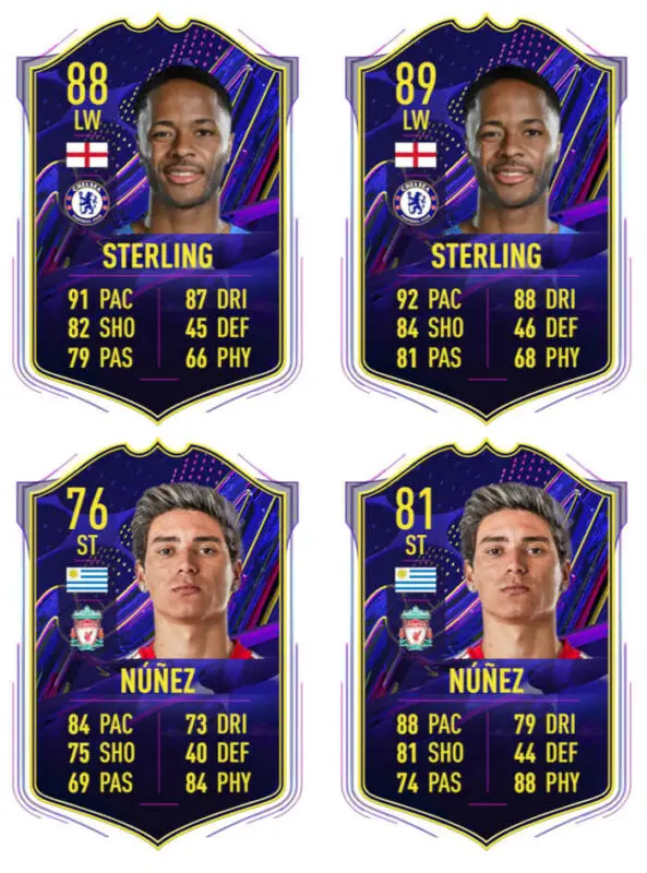 Ejemplos ficticios de mejoras de cartas OTW Sterling y Darwin Núñez FIFA 23 Ultimate Team