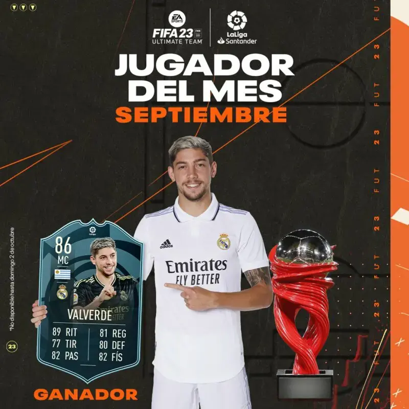 Diseño que muestra la carta de Valverde POTM LaLiga Santander FIFA 23 Ultimate Team