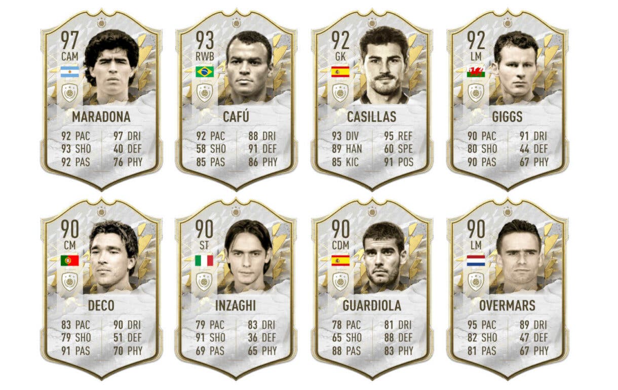 Cartas Icono Prime Maradona, Cafú, Casillas, Giggs, Deco, Inzaghi, Guardiola y Overmars FIFA 22 Ultimate Team