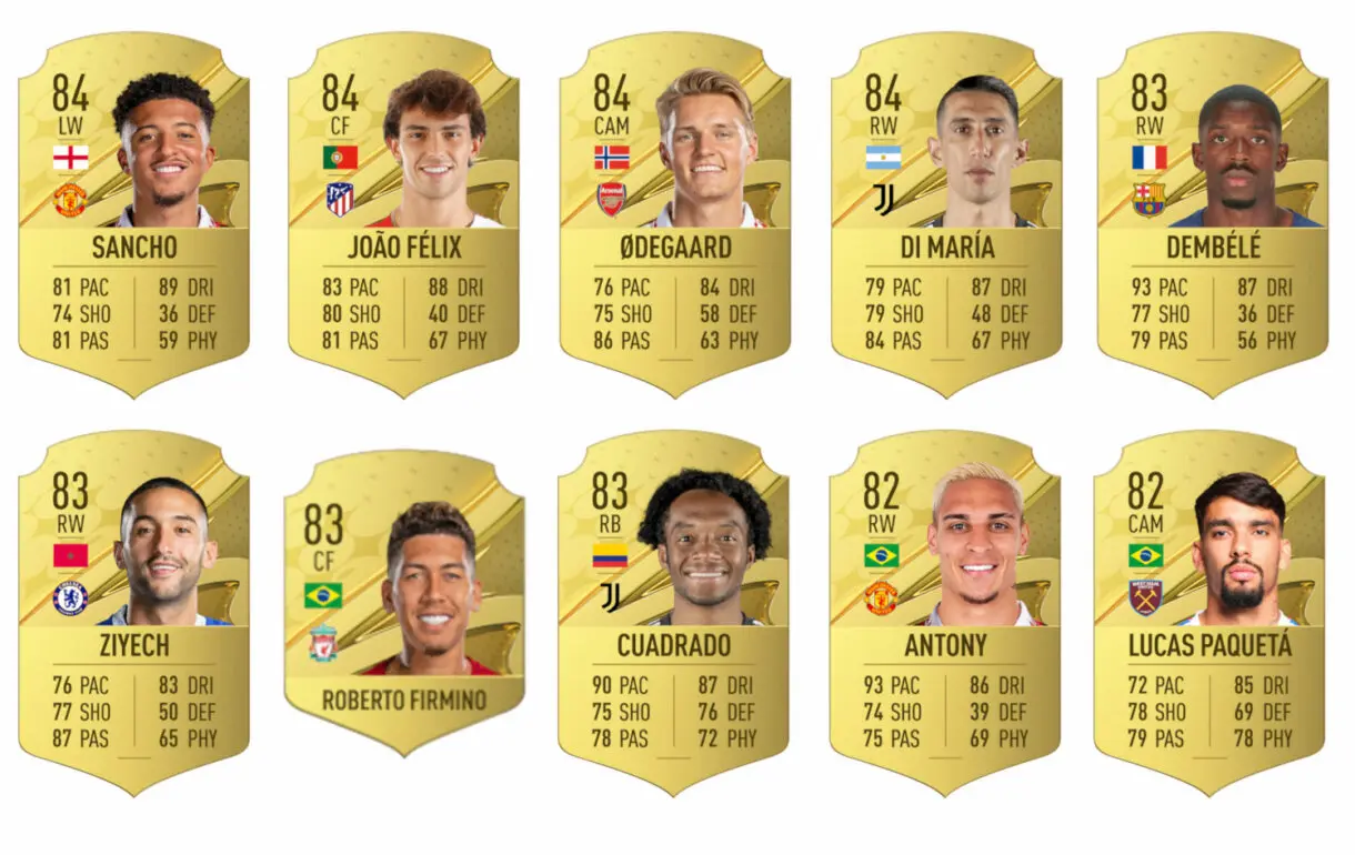 Cartas oro de los jugadores 11-20 con más media con cinco de skills FIFA 23 Ultimate Team