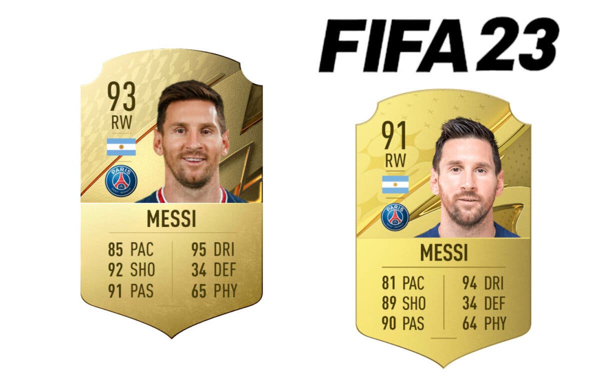 Comparativa cartas oro Messi FIFA 22 y FIFA 23 Ultimate Team