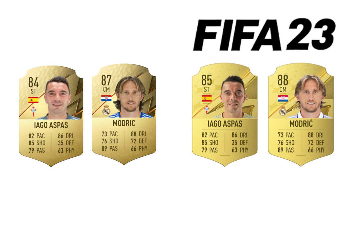 Comparativa cartas oro Aspas y Modric FIFA 22 y FIFA 23 Ultimate Team