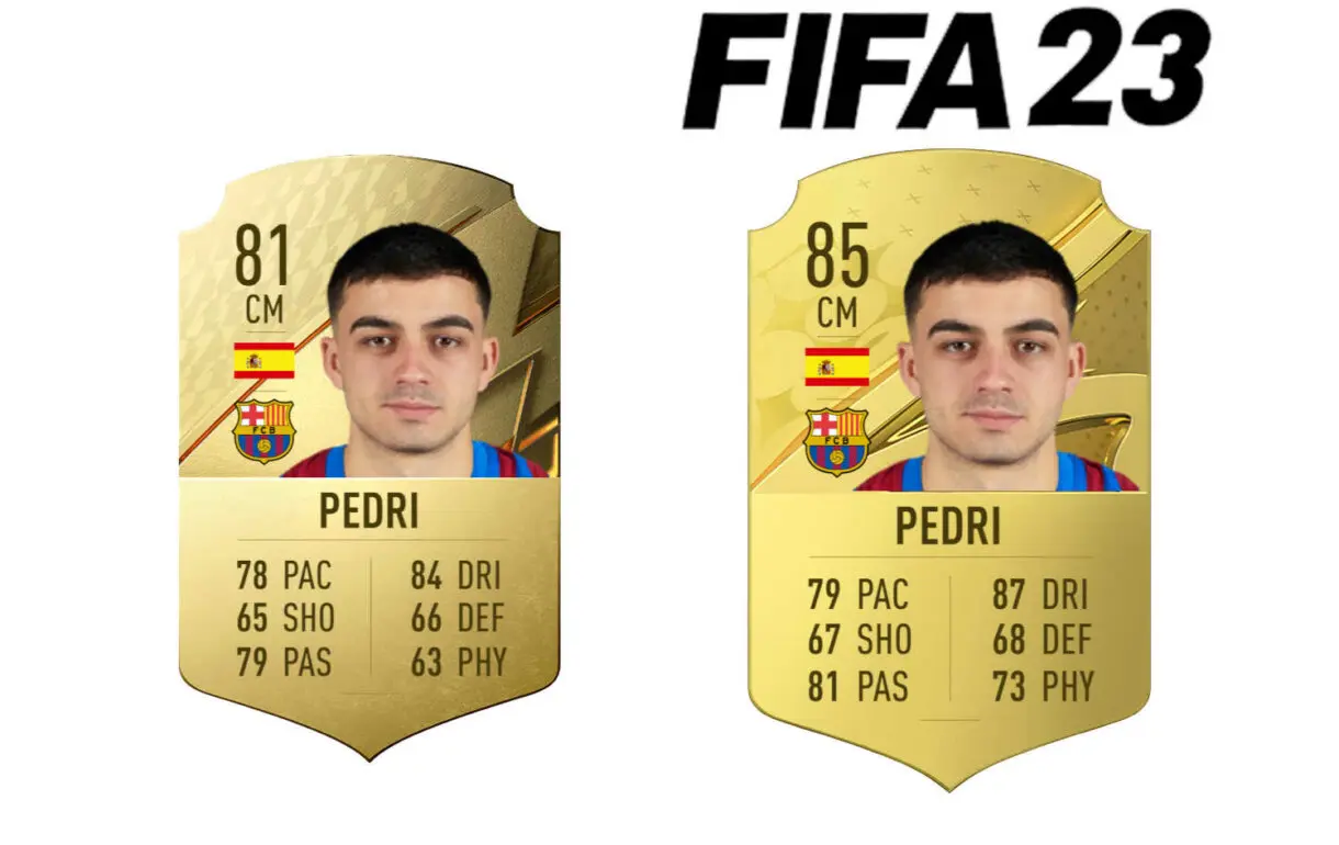 Comparación cartas oro Pedri FIFA 22 y FIFA 23 Ultimate Team
