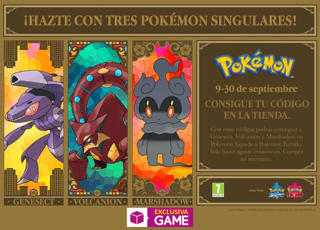Pokemon Espada y Escudo reparto Genesect Volcanion Marshadow
