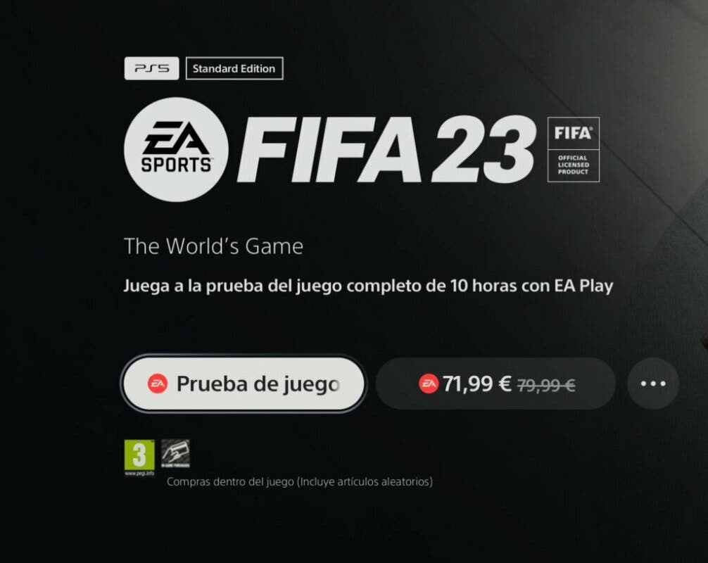 Opciones de descargar FIFA 23 con EA Play desde la tienda de Playstation 5