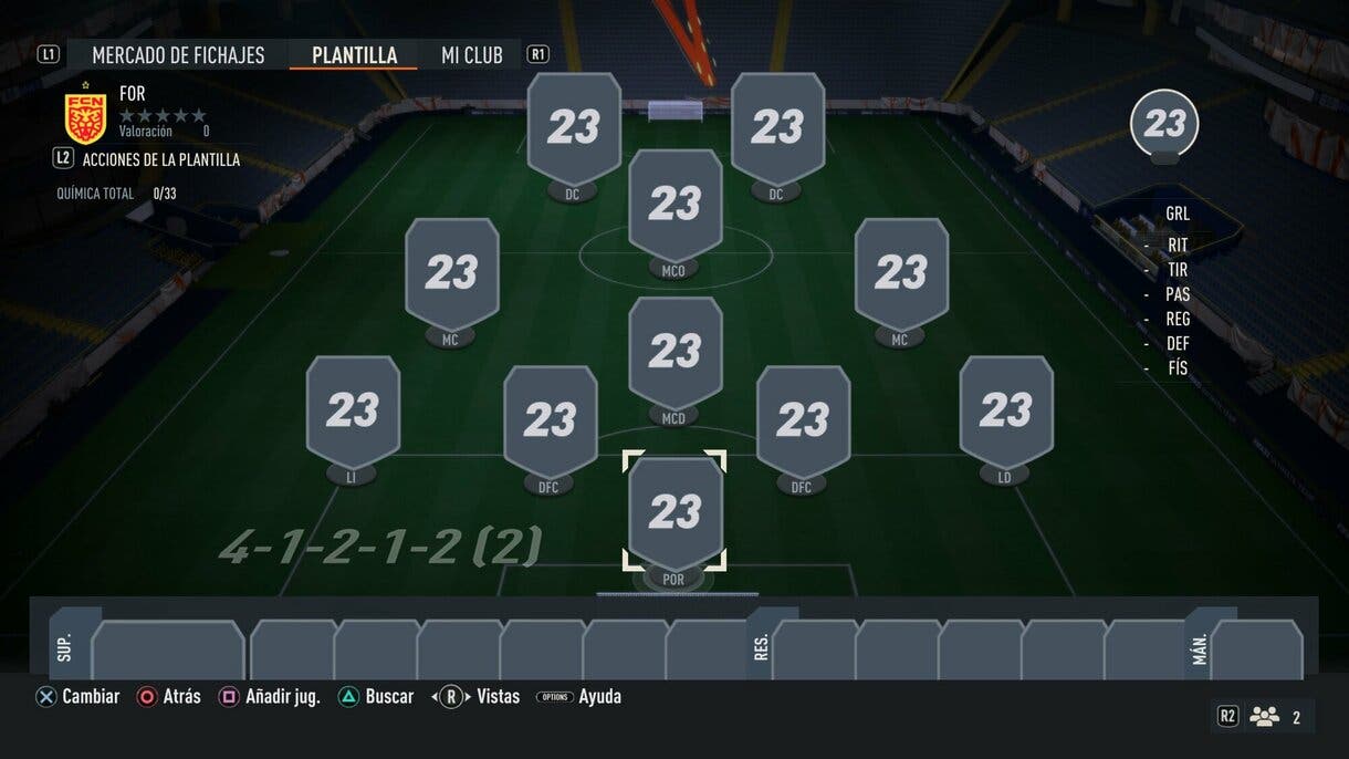 Formación 4-1-2-1-2 (2) vacía en el apartado de plantilla de FIFA 23 Ultimate Team