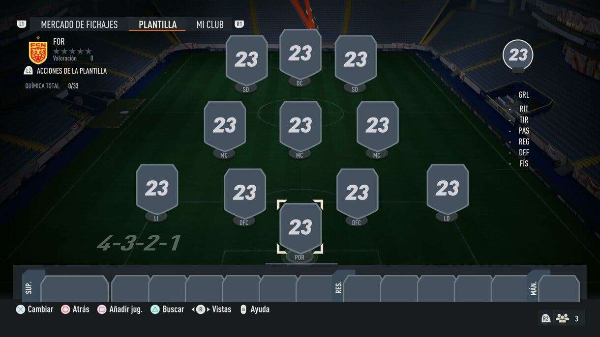 Equipo sin cartas con formación 4-3-2-1 FIFA 23 Ultimate Team