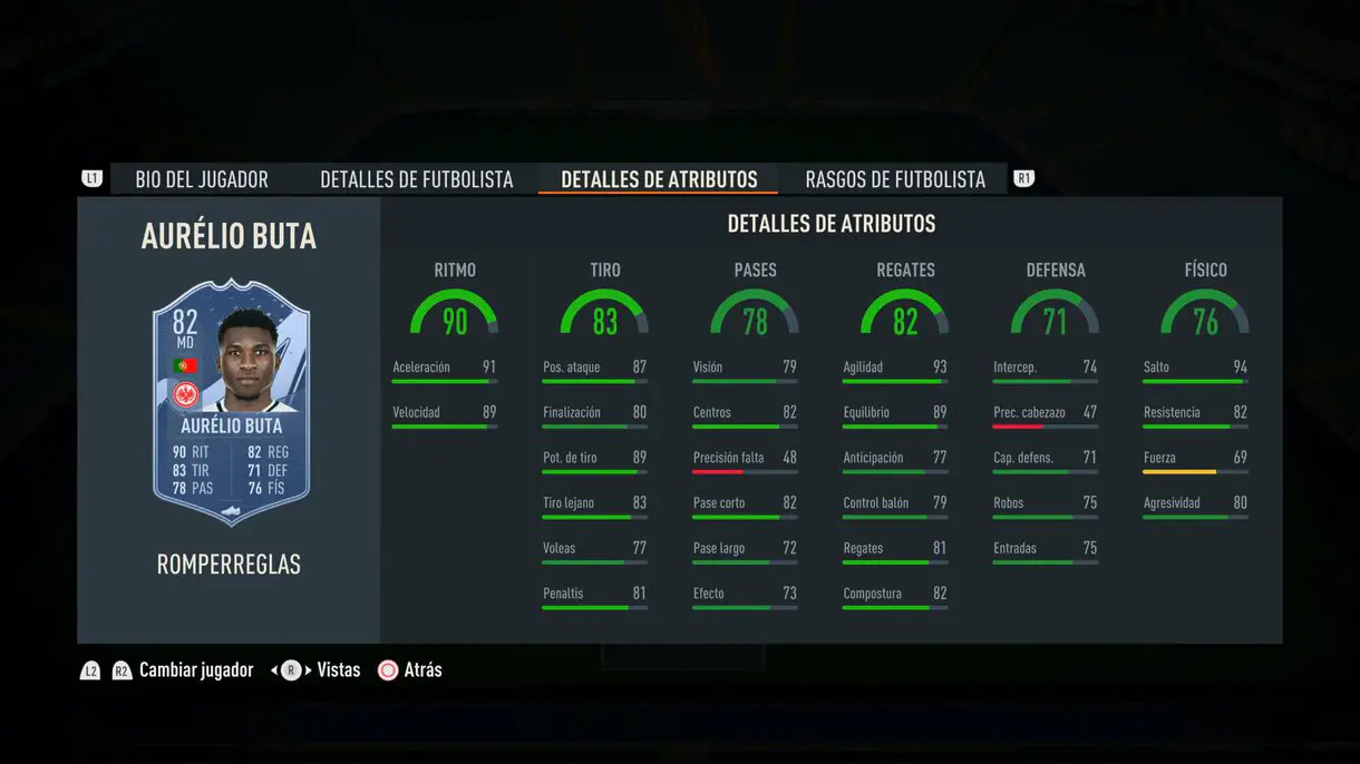 Stats in game Aurélio Buta Rulebreakers FIFA 23 Ultimate Team