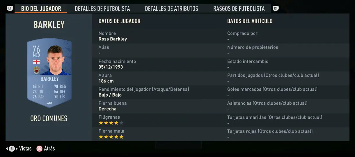 Bio del jugador de Barkley oro FIFA 23 Ultimate Team