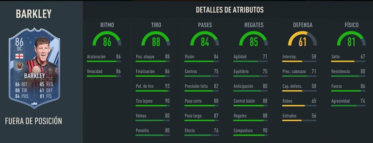 Stats in game Barkley Out of Position delantero FIFA 23 Ultimate Team