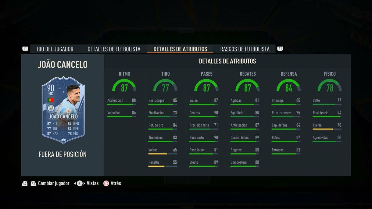 Stats in game Cancelo Out of Position FIFA 23 Ultimate Team