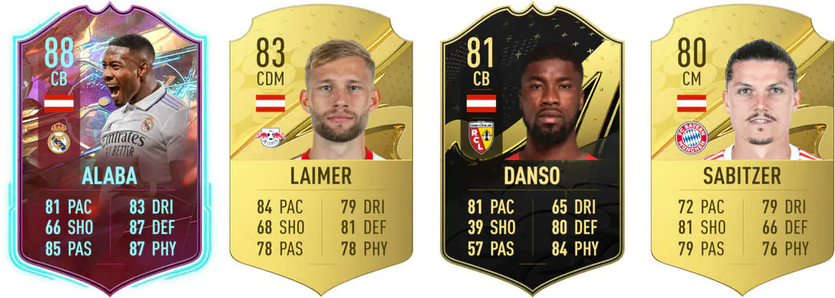 Cartas Alaba Rulebreakers, Laimer oro, Danso IF y Sabitzer oro (Austria) FIFA 23 Ultimate Team