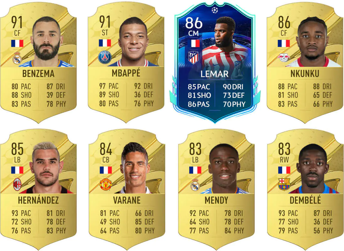 Ejemplos cartas competitivas Francia FIFA 23 Ultimate Team