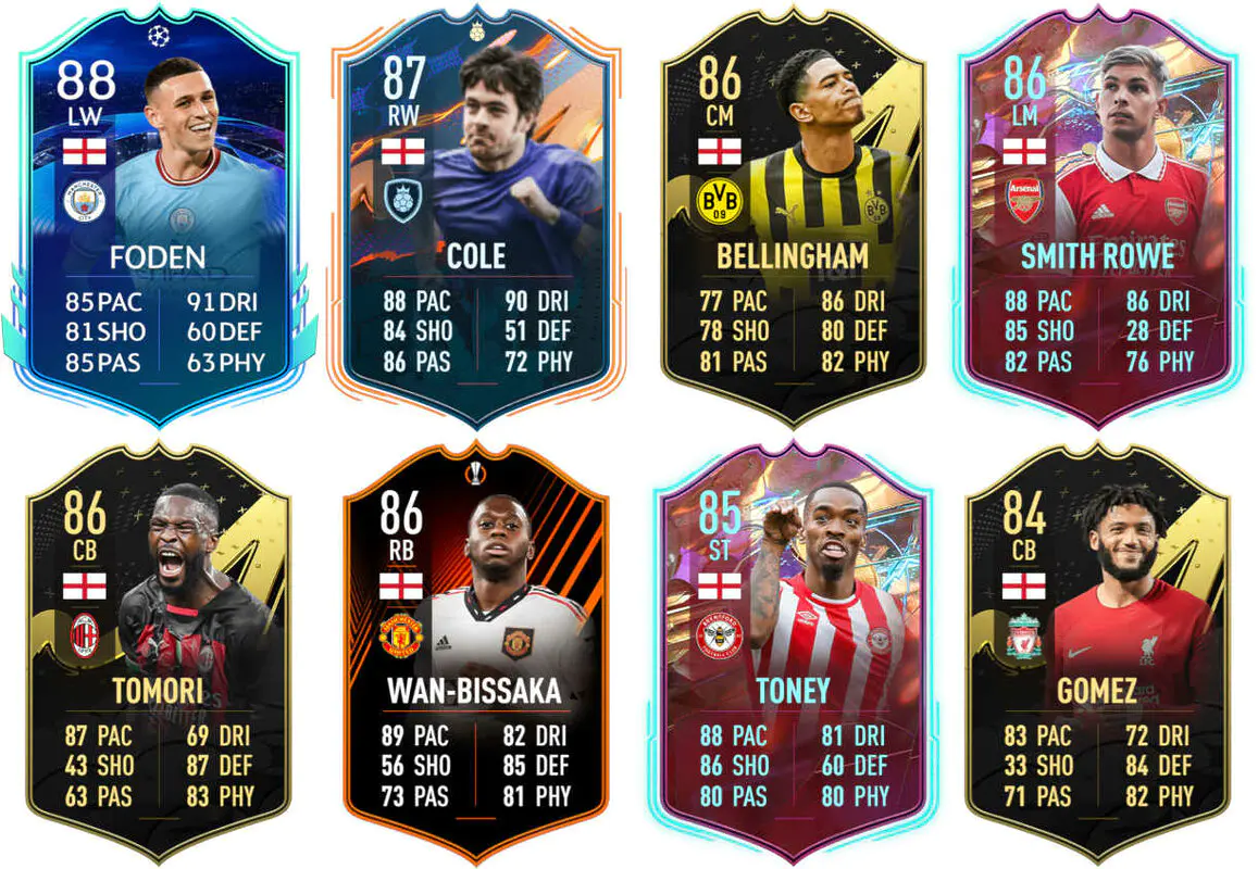 Ejemplos versiones especiales competitivas Inglaterra FIFA 23 Ultimate Team