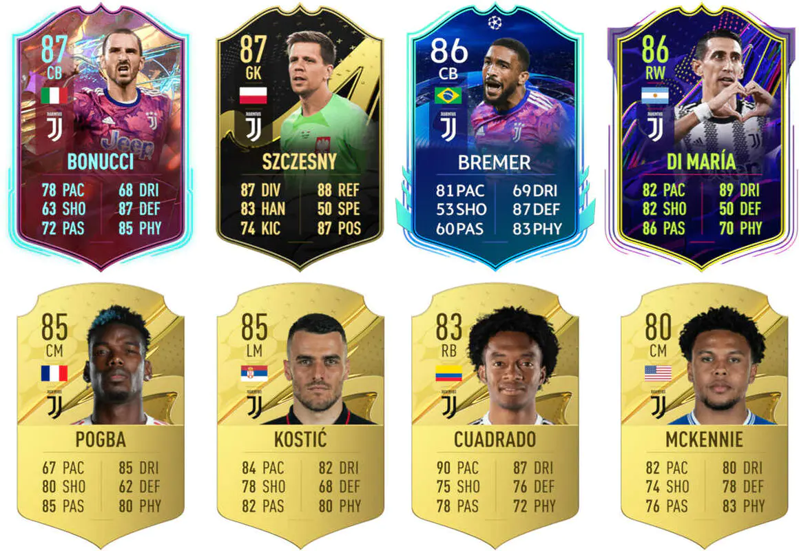 Ejemplos cartas útiles y jugadores con opciones de recibir cartas competitivas Juventus FIFA 23 Ultimate Team