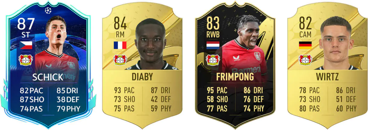 Cartas Schick RTTK, Diaby oro, Frimpong IF, Wirtz oro (Leverkusen) FIFA 23 Ultimate Team
