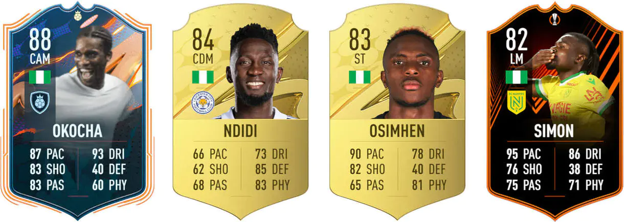 Cartas Okocha FUT Heroes, Ndidi oro, Osimhen oro y Simon RTTK (Nigeria) FIFA 23 Ultimate Team