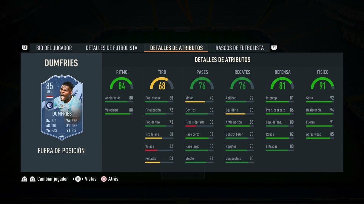 Stats in game Dumfries Out of Position FIFA 23 Ultimate Team