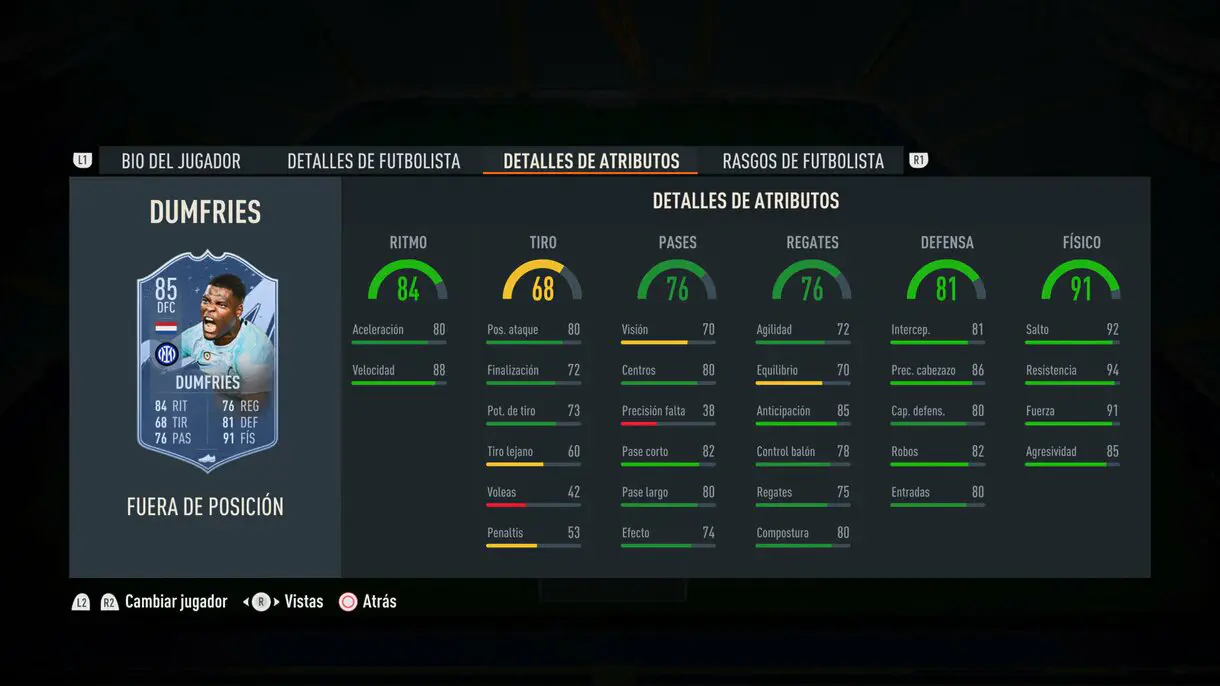Stats in game Dumfries Out of Position FIFA 23 Ultimate Team