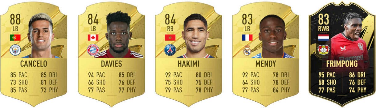 Cartas oro Cancelo, Davies, Hakimi y Mendy + Frimpong IF FIFA 23 Ultimate Team
