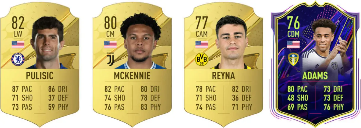 Cartas oro Pulisic, McKennie y Reyna. Carta OTW Adams FIFA 23 Ultimate Team